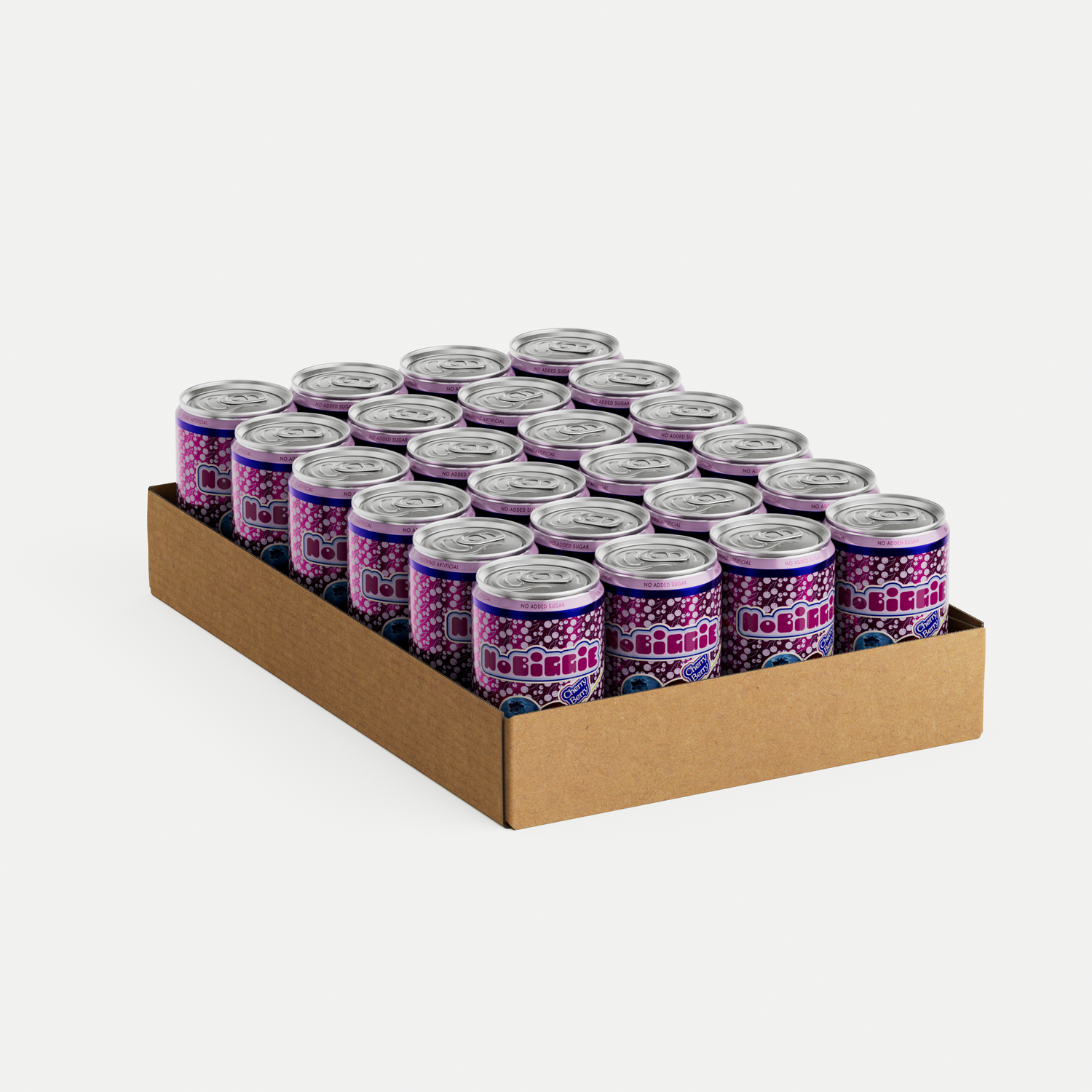 24-pack of purple and pink patterned soda cans in cardboard carrier box, arranged in rows