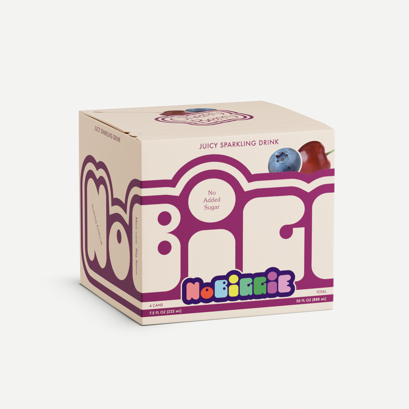 Cream-colored beverage carton with purple branding for "NOBERRIE" juicy sparkling drink, featuring blueberry and cherry graphics, "No Added Sugar" label, 4-pack containing 7.5 FL OZ cans.