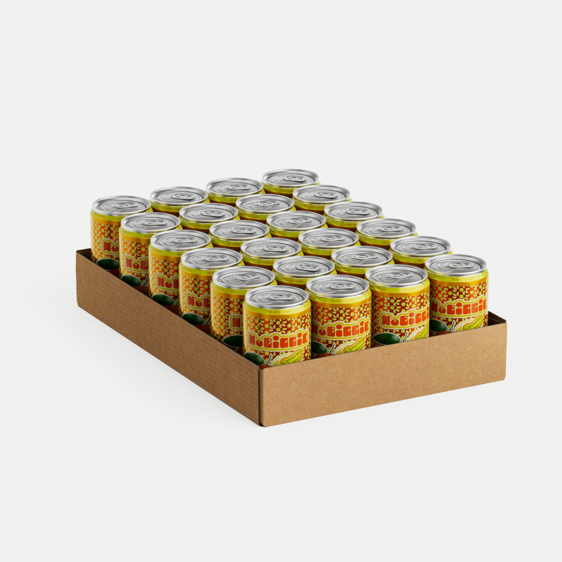 A cardboard case containing 24 yellow and red patterned beverage cans with silver pull-tab tops arranged in neat rows