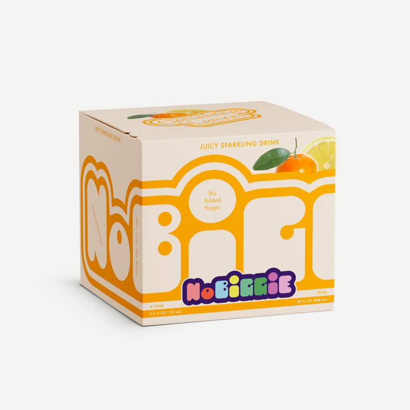 Orange and cream colored beverage carton for "NOBIFRIE" juicy sparkling drink with "No Added Sugar" label and citrus fruit graphics
