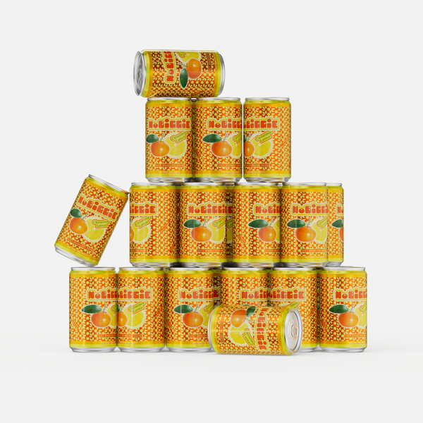 Pyramid stack of orange and yellow "No Bubble Egg" beverage cans with citrus fruit graphics, some cans fallen and tilted