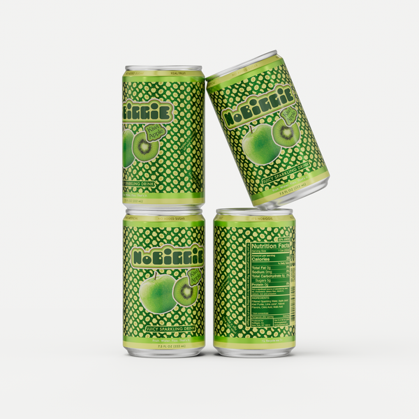 Four green cans of "No BiFFit" kiwi apple flavored sparkling drink with honeycomb pattern design, showing front and nutrition label views