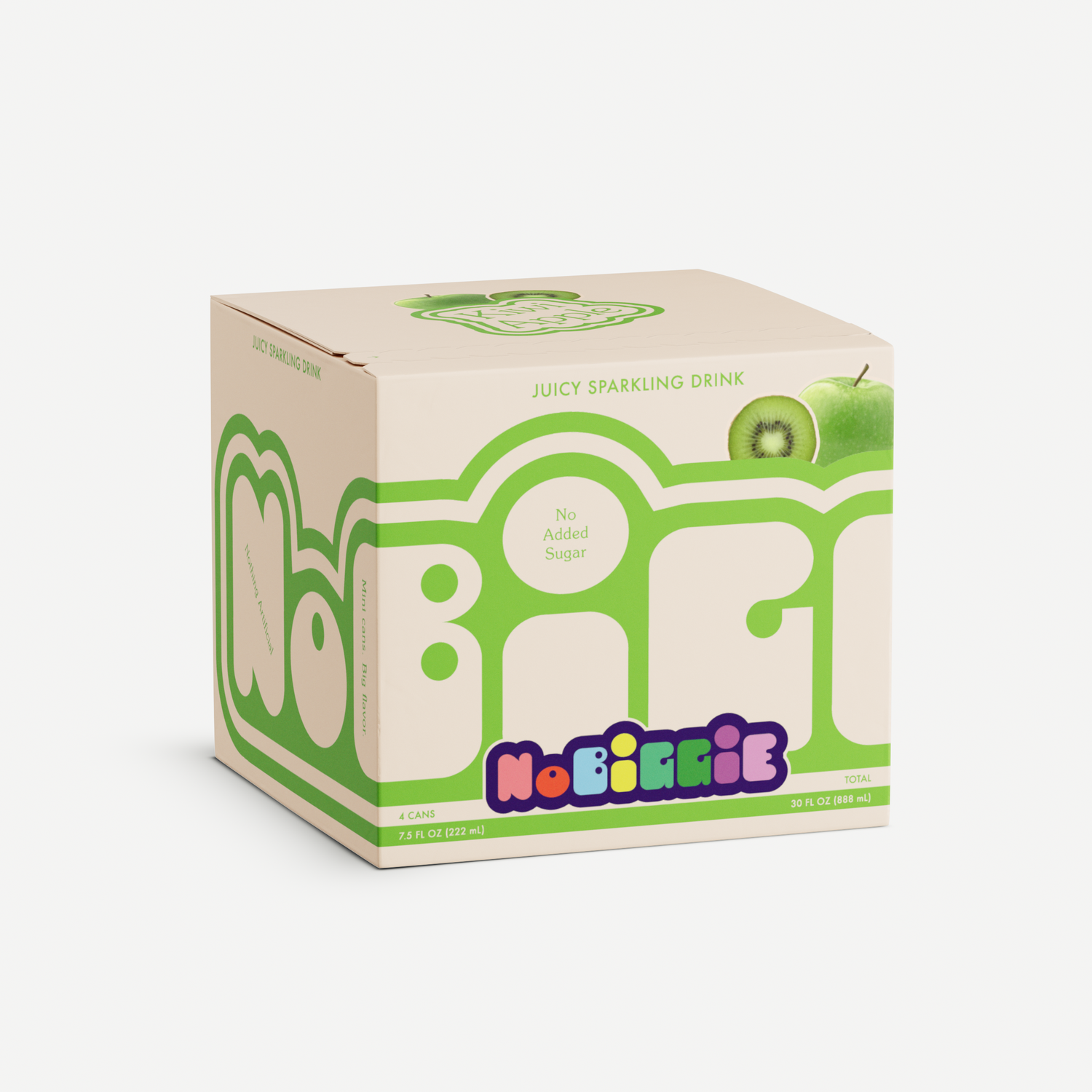 Green and beige cardboard carton for "NOBIFIE" juicy sparkling drink with kiwi and apple graphics, "No Added Sugar" label, 4-pack 7.5 fl oz cans