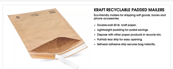 Kraft brown recyclable padded mailer envelope opened to show white interior padding, with product details and eco-friendly features listed alongside.