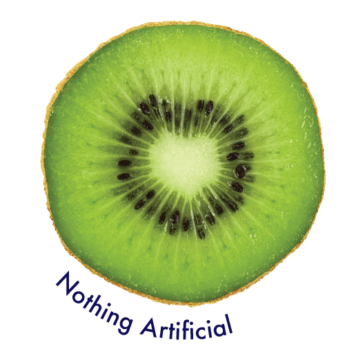 Slice of kiwi fruit with white outline.