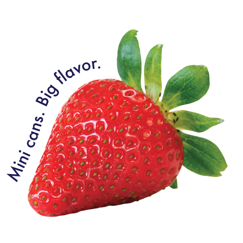 Red strawberry with green leafy top and text "Mini cans. Big flavor." curved along the left side