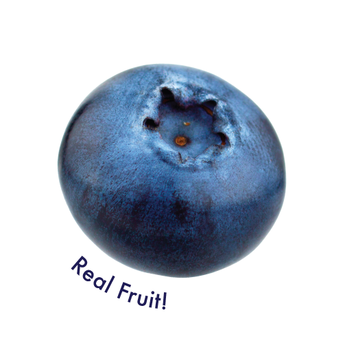 Close-up of a single blue blueberry with dark blue skin and visible crown opening, labeled "Real Fruit!" in blue text below.