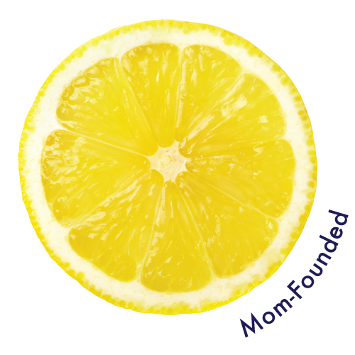 Fresh lemon slice with bright yellow flesh and white pith, showing detailed segments and texture, with "Mom-Founded" text overlay
