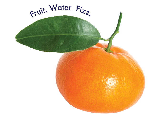 Fresh orange with green leaf and text "Fruit. Water. Fizz." above it on white background