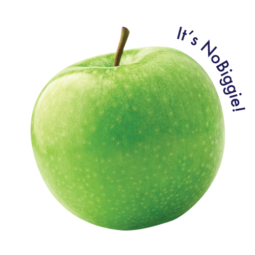 Green apple with stem and text "It's No Biggie!" curved around the upper right side