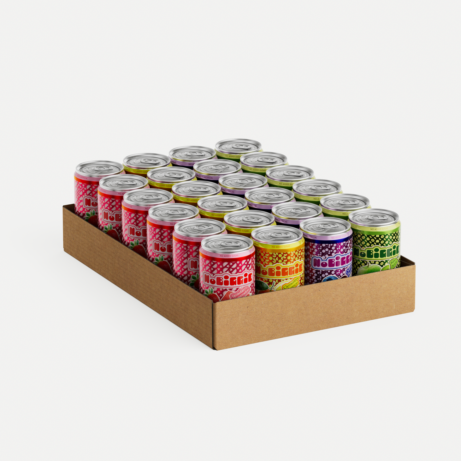 Cardboard case containing 24 colorful soda cans in various flavors with red, yellow, purple, and green labels arranged in rows