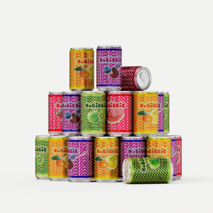 Colorful pyramid stack of fruit-flavored beverage cans in bright pink, orange, green, and purple with 
