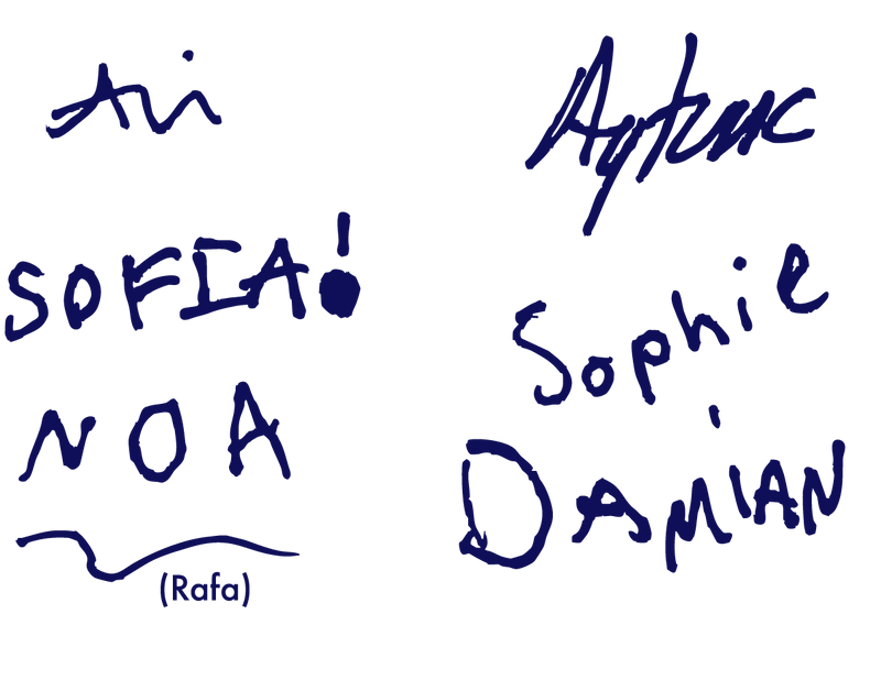 Handwritten signatures in blue ink showing names "Ari", "Arthur", "SOFIA!", "Sophie", "NOA", "DAMIAN", and "(Rafa)" on white background